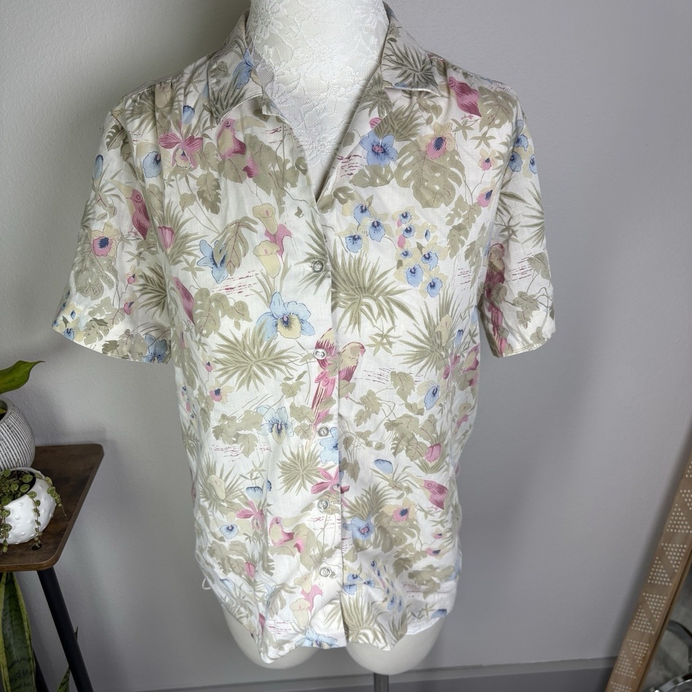 Vintage Koret of California Women ~M/L* Button Up Shirt Tropical Bird Floral